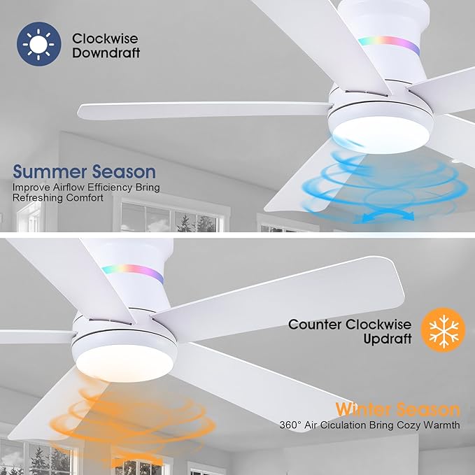 46" White Ceiling Fans with RGB Lights - Flush Mount Ceiling Fan Light with LED 3CCT Dimmable, Modern Low Profile Ceiling