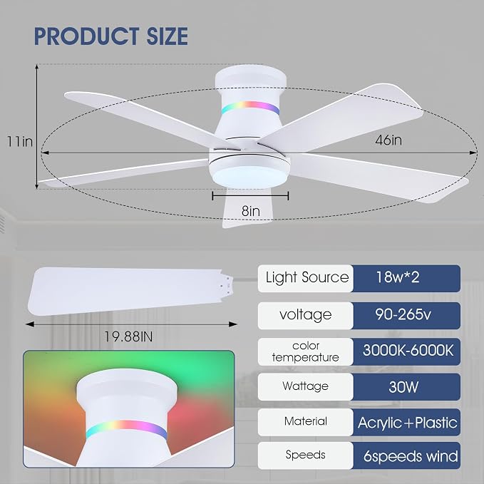 46" White Ceiling Fans with RGB Lights - Flush Mount Ceiling Fan Light with LED 3CCT Dimmable, Modern Low Profile Ceiling