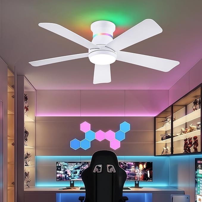 46" White Ceiling Fans with RGB Lights - Flush Mount Ceiling Fan Light with LED 3CCT Dimmable, Modern Low Profile Ceiling