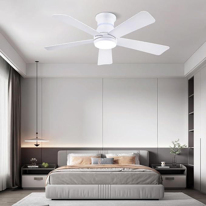 46" White Ceiling Fans with RGB Lights - Flush Mount Ceiling Fan Light with LED 3CCT Dimmable, Modern Low Profile Ceiling