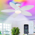 46" White Ceiling Fans with RGB Lights - Flush Mount Ceiling Fan Light with LED 3CCT Dimmable, Tropical Palm Leaf Ceiling