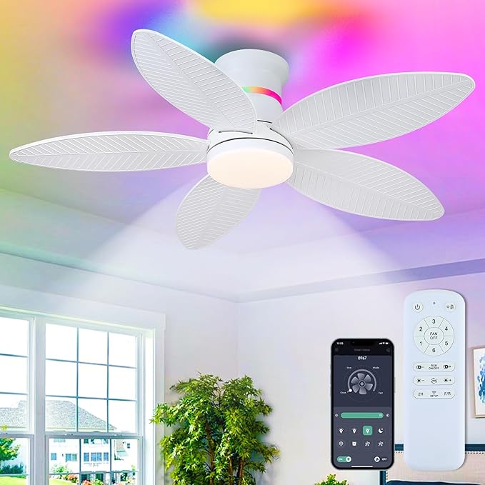 46" White Ceiling Fans with RGB Lights - Flush Mount Ceiling Fan Light with LED 3CCT Dimmable, Tropical Palm Leaf Ceiling