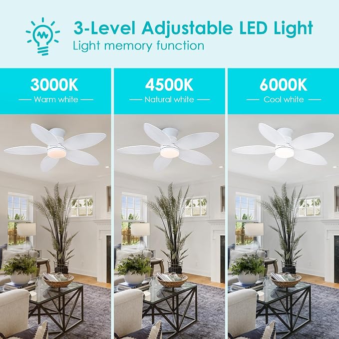 46" White Ceiling Fans with RGB Lights - Flush Mount Ceiling Fan Light with LED 3CCT Dimmable, Tropical Palm Leaf Ceiling