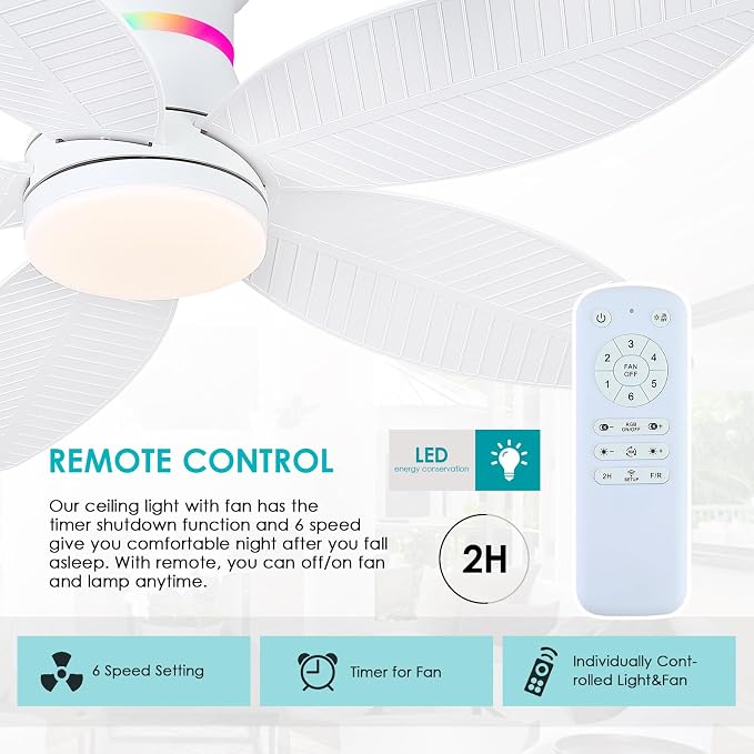 46" White Ceiling Fans with RGB Lights - Flush Mount Ceiling Fan Light with LED 3CCT Dimmable, Tropical Palm Leaf Ceiling