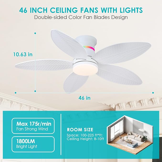 46" White Ceiling Fans with RGB Lights - Flush Mount Ceiling Fan Light with LED 3CCT Dimmable, Tropical Palm Leaf Ceiling