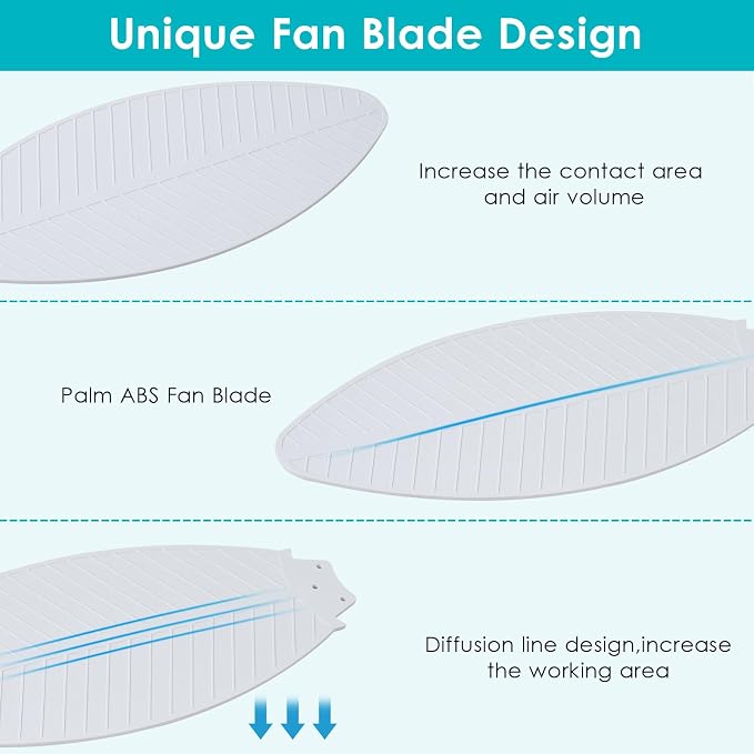 46" White Ceiling Fans with RGB Lights - Flush Mount Ceiling Fan Light with LED 3CCT Dimmable, Tropical Palm Leaf Ceiling