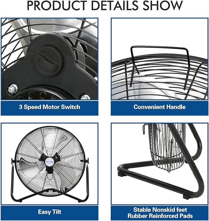 4600 CFM 20" High Velocity Floor Fan, 3-Speed Heavy Duty Metal Fan with Wall-Mounting System, Industrial Shop Fan for