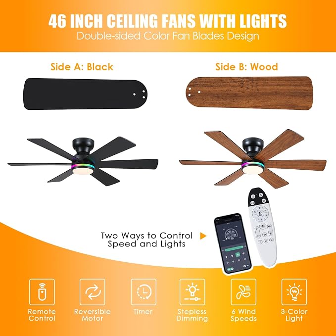 46In Low Profile Ceiling Fans with RGB Light,Ceiling Fan, Modern Flush Mount Fan Light for Indoor Bedroom, Kids