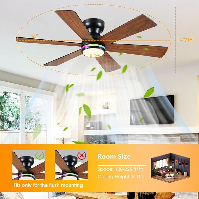 46In Low Profile Ceiling Fans with RGB Light,Ceiling Fan, Modern Flush Mount Fan Light for Indoor Bedroom, Kids