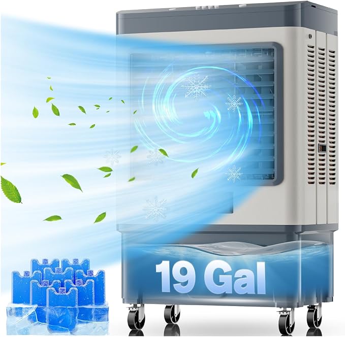 48" 6500CFM Swamp Cooler Outdoor, 19 Gal Large Swamp Cooler Air Conditioner with 120°Oscillation, 3 Speed, 8 Ice Pack, Metal