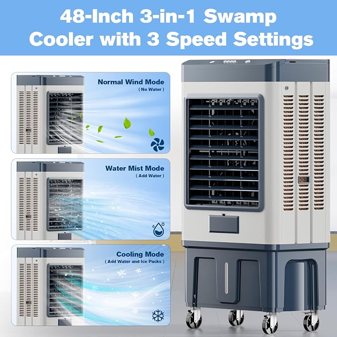 48" 6500CFM Swamp Cooler Outdoor, 19 Gal Large Swamp Cooler Air Conditioner with 120°Oscillation, 3 Speed, 8 Ice Pack, Metal