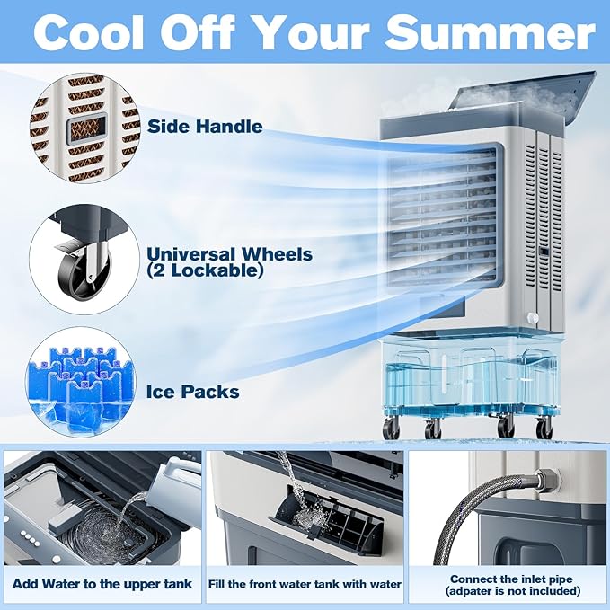 48" 6500CFM Swamp Cooler Outdoor, 19 Gal Large Swamp Cooler Air Conditioner with 120°Oscillation, 3 Speed, 8 Ice Pack, Metal