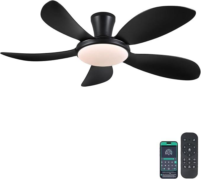 48" Black Low Profile Ceiling Fans with Lights and Remote/APP, Modern Flush Mount Ceiling Fans with Quiet Reversible DC