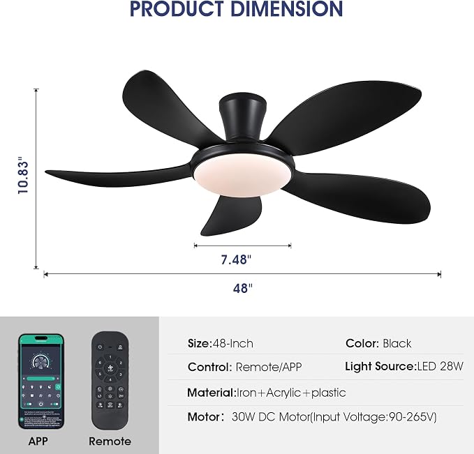 48" Black Low Profile Ceiling Fans with Lights and Remote/APP, Modern Flush Mount Ceiling Fans with Quiet Reversible DC