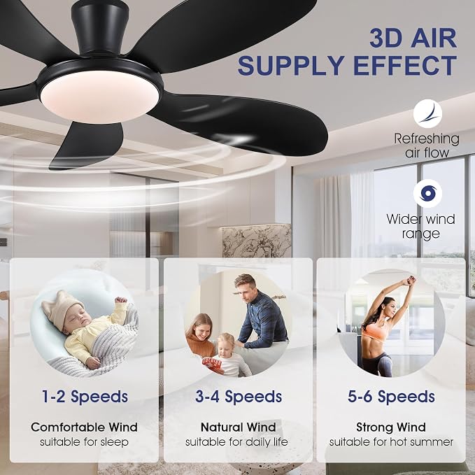48" Black Low Profile Ceiling Fans with Lights and Remote/APP, Modern Flush Mount Ceiling Fans with Quiet Reversible DC