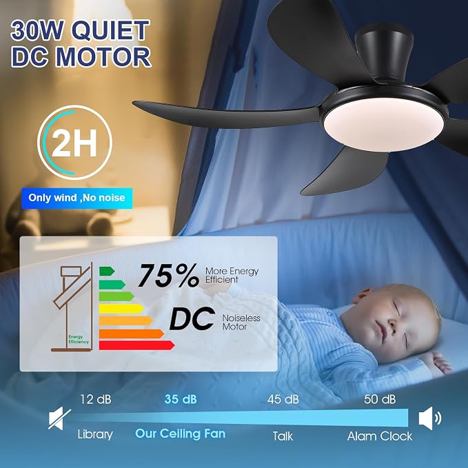 48" Black Low Profile Ceiling Fans with Lights and Remote/APP, Modern Flush Mount Ceiling Fans with Quiet Reversible DC