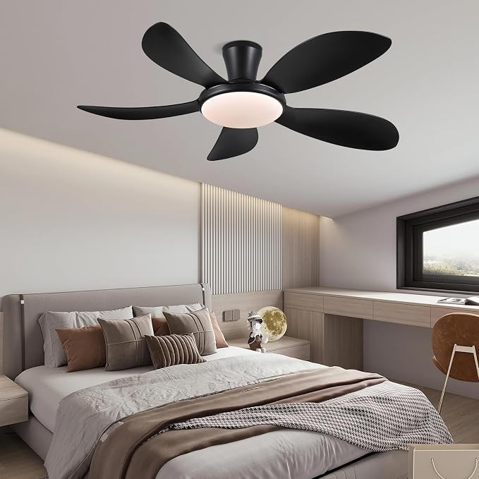 48" Black Low Profile Ceiling Fans with Lights and Remote/APP, Modern Flush Mount Ceiling Fans with Quiet Reversible DC