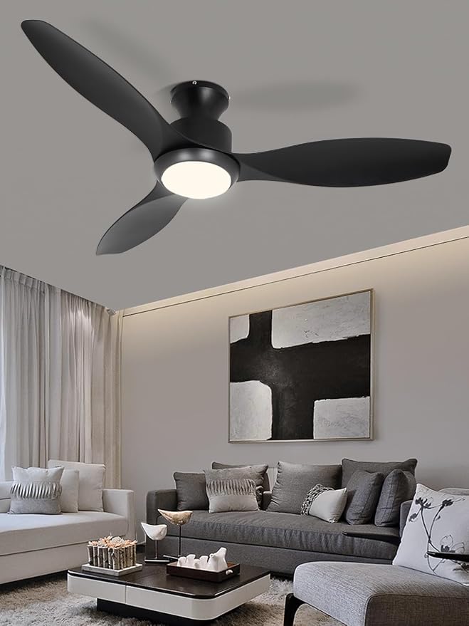 48" Ceiling Fan with Light and Remote, Black Flush Mount Ceiling Fan with 3 Blades,3 Color Dimmable Lights, 6 Speeds, product
