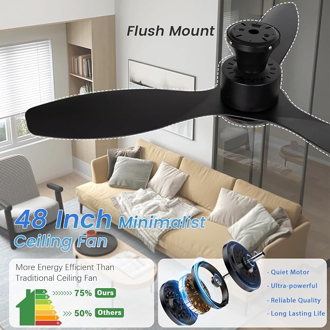 48" Ceiling Fan with Light and Remote, Black Flush Mount Ceiling Fan with 3 Blades,3 Color Dimmable Lights, 6 Speeds