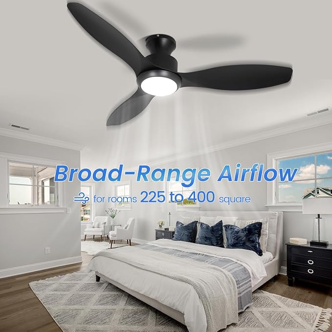 48" Ceiling Fan with Light and Remote, Black Flush Mount Ceiling Fan with 3 Blades,3 Color Dimmable Lights, 6 Speeds