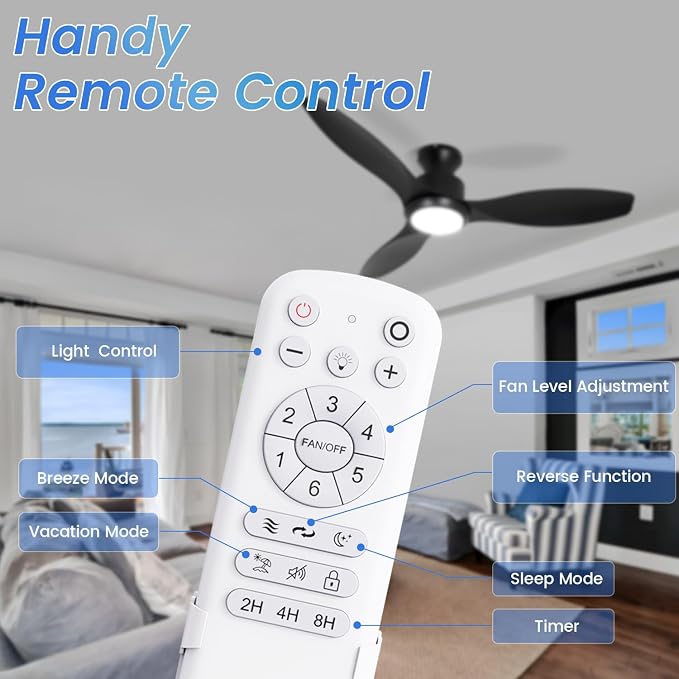 48" Ceiling Fan with Light and Remote, Black Flush Mount Ceiling Fan with 3 Blades,3 Color Dimmable Lights, 6 Speeds
