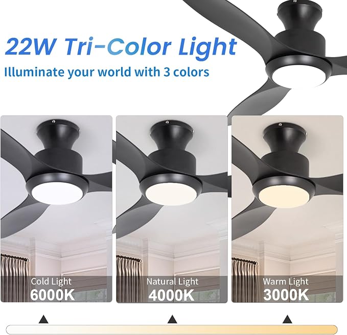 48" Ceiling Fan with Light and Remote, Black Flush Mount Ceiling Fan with 3 Blades,3 Color Dimmable Lights, 6 Speeds