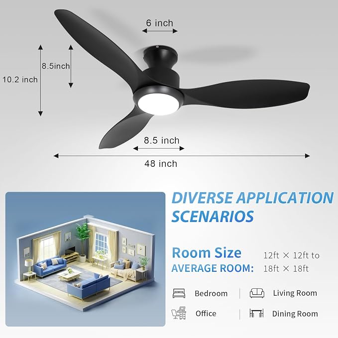 48" Ceiling Fan with Light and Remote, Black Flush Mount Ceiling Fan with 3 Blades,3 Color Dimmable Lights, 6 Speeds