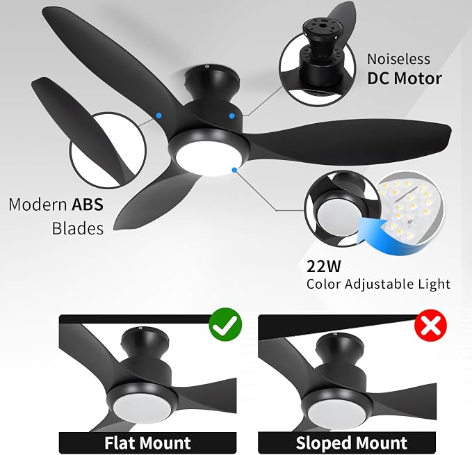 48" Ceiling Fan with Light and Remote, Black Flush Mount Ceiling Fan with 3 Blades,3 Color Dimmable Lights, 6 Speeds