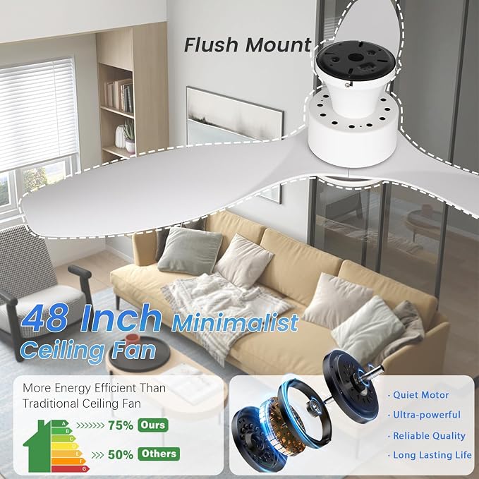 48" Ceiling Fan with Light and Remote, White Flush Mount Ceiling Fan with 3 Blades,3 Color Dimmable Lights, 6 Speeds