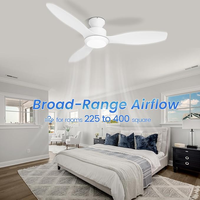 48" Ceiling Fan with Light and Remote, White Flush Mount Ceiling Fan with 3 Blades,3 Color Dimmable Lights, 6 Speeds