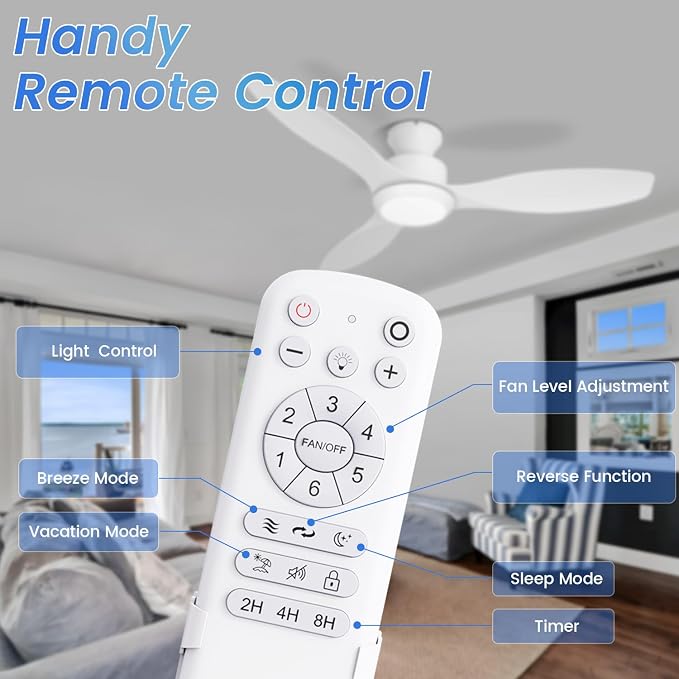 48" Ceiling Fan with Light and Remote, White Flush Mount Ceiling Fan with 3 Blades,3 Color Dimmable Lights, 6 Speeds