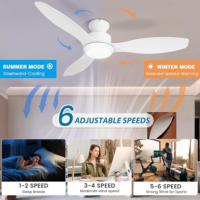 48" Ceiling Fan with Light and Remote, White Flush Mount Ceiling Fan with 3 Blades,3 Color Dimmable Lights, 6 Speeds