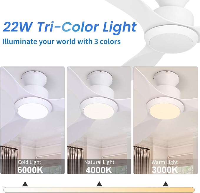 48" Ceiling Fan with Light and Remote, White Flush Mount Ceiling Fan with 3 Blades,3 Color Dimmable Lights, 6 Speeds