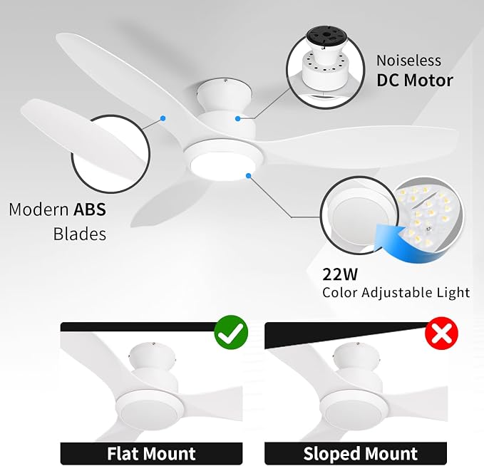 48" Ceiling Fan with Light and Remote, White Flush Mount Ceiling Fan with 3 Blades,3 Color Dimmable Lights, 6 Speeds