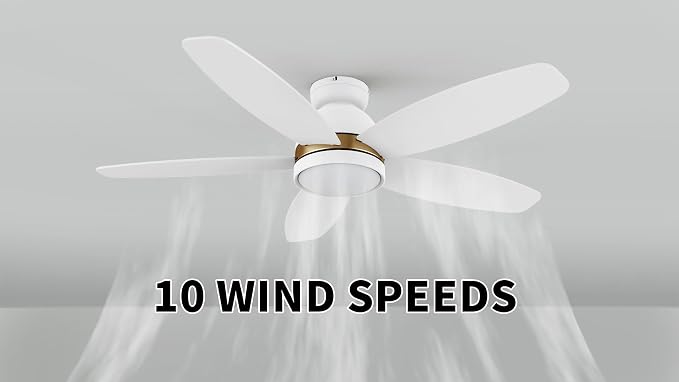 48" Ceiling Fan with Light Flush Mount, DC 10 Speeds Silent Ceiling Fan with Remote, 3 Light Colors Dimmable LED, Low Profile