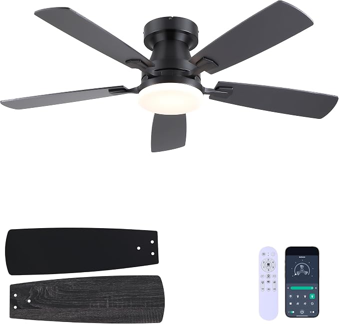 48” Ceiling Fans with Lights, Flush Mount Ceiling Fan with Light And Remote/APP, Low Profile Ceiling Fan with Light