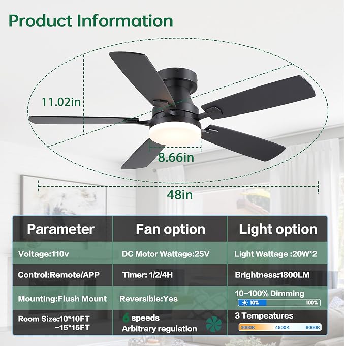 48” Ceiling Fans with Lights, Flush Mount Ceiling Fan with Light And Remote/APP, Low Profile Ceiling Fan with Light