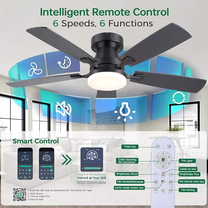 48” Ceiling Fans with Lights, Flush Mount Ceiling Fan with Light And Remote/APP, Low Profile Ceiling Fan with Light