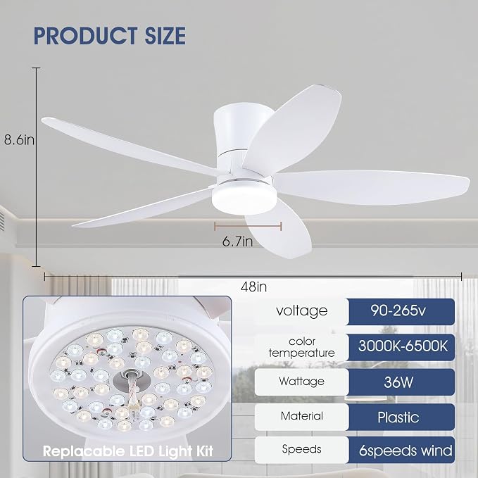 48" Ceiling Fans with Lights-Low Profile Ceiling Fan with Light and Remote/APP Control, Flush Mount, DC, alternate view 5