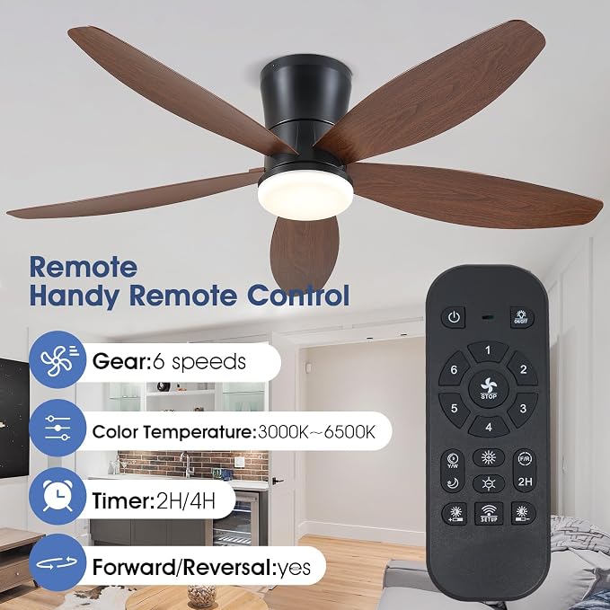 48" Ceiling Fans with Lights-Low Profile Ceiling Fan with Light and Remote/APP Control, Flush Mount, LED, alternate view 2