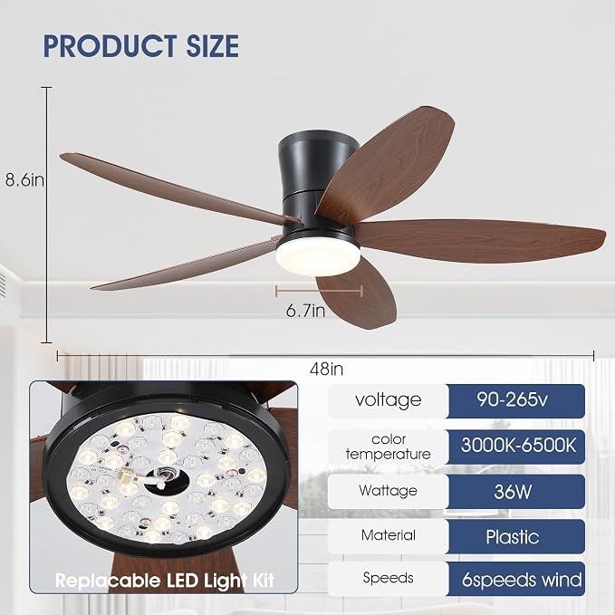 48" Ceiling Fans with Lights-Low Profile Ceiling Fan with Light and Remote/APP Control, Flush Mount, LED, alternate view 5