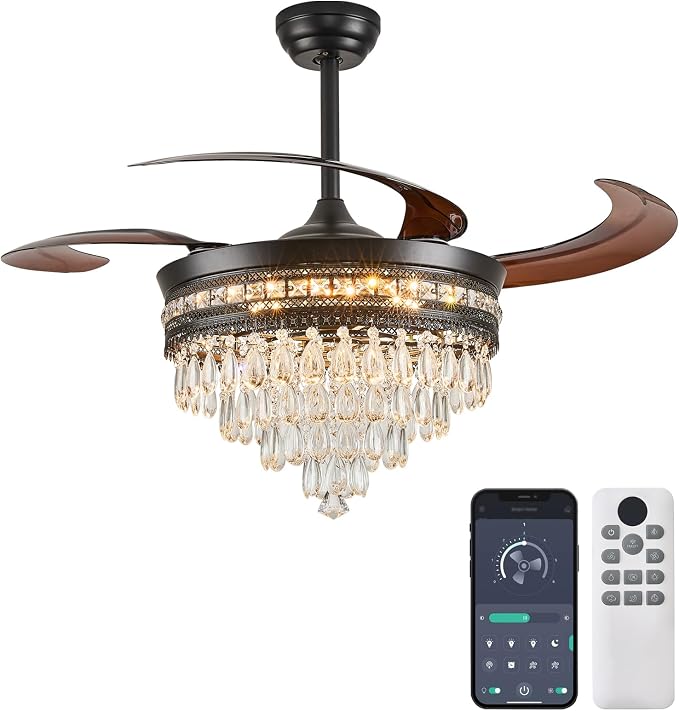 48" Chandelier Ceiling Fan - Crystal Ceiling Fans with Lights, Retractable Fandelier with Remote and App Control, 3 Color