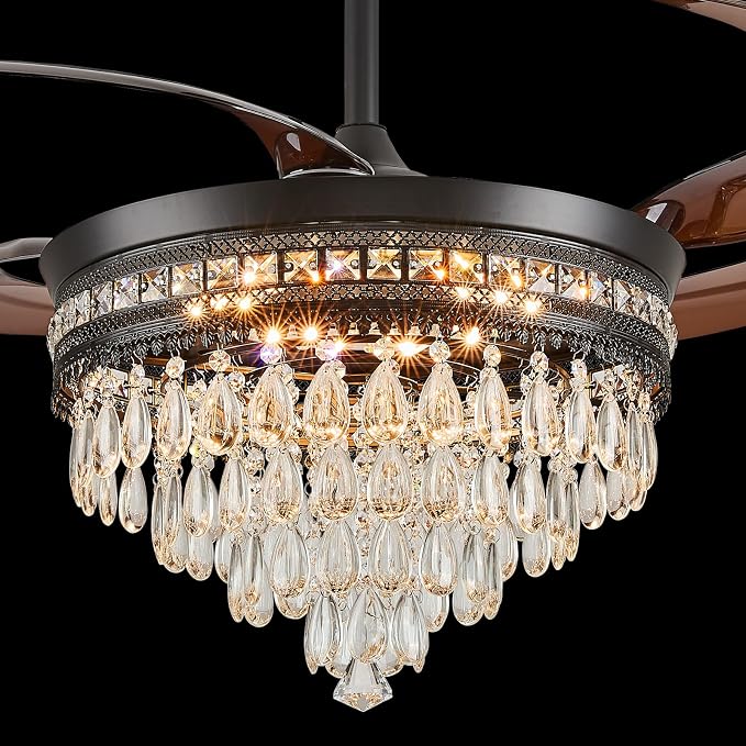 48" Chandelier Ceiling Fan - Crystal Ceiling Fans with Lights, Retractable Fandelier with Remote and App Control, 3 Color