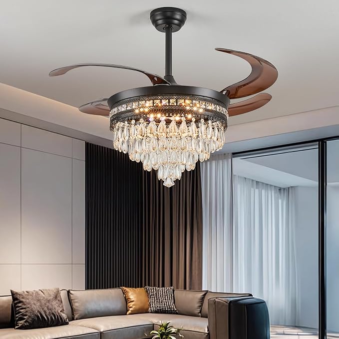 48" Chandelier Ceiling Fan - Crystal Ceiling Fans with Lights, Retractable Fandelier with Remote and App Control, 3 Color