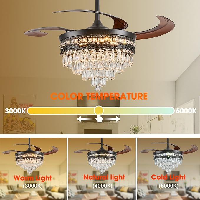 48" Chandelier Ceiling Fan - Crystal Ceiling Fans with Lights, Retractable Fandelier with Remote and App Control, 3 Color