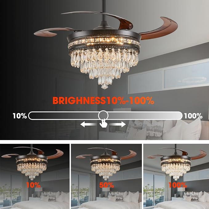 48" Chandelier Ceiling Fan - Crystal Ceiling Fans with Lights, Retractable Fandelier with Remote and App Control, 3 Color