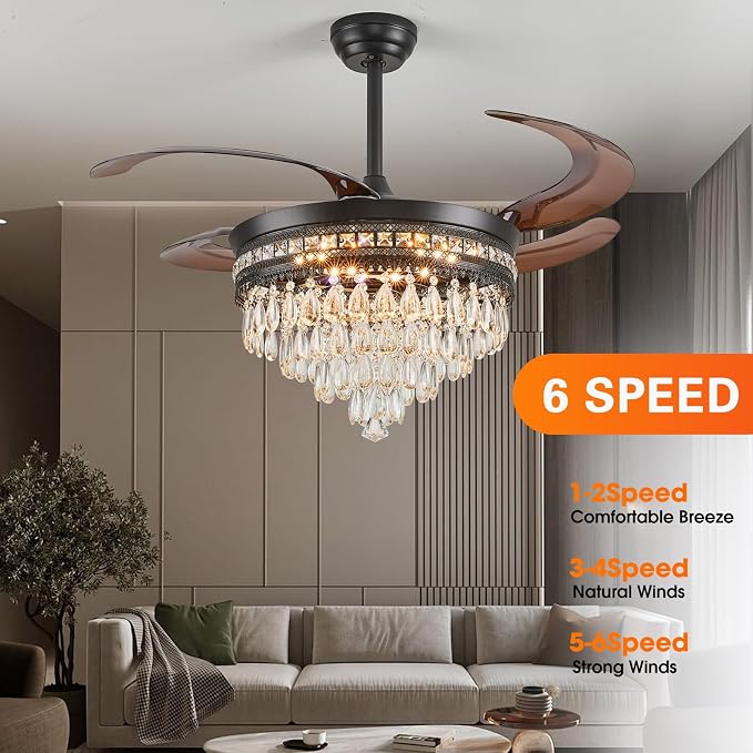 48" Chandelier Ceiling Fan - Crystal Ceiling Fans with Lights, Retractable Fandelier with Remote and App Control, 3 Color