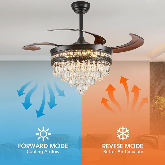 48" Chandelier Ceiling Fan - Crystal Ceiling Fans with Lights, Retractable Fandelier with Remote and App Control, 3 Color