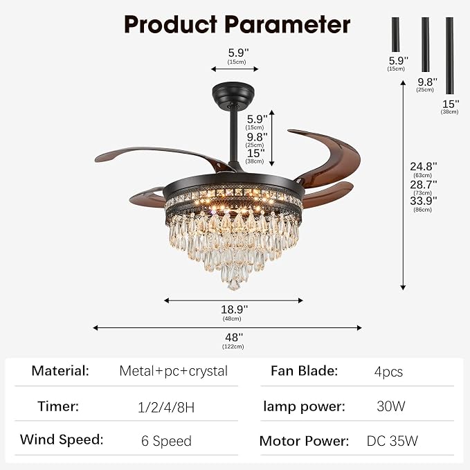 48" Chandelier Ceiling Fan - Crystal Ceiling Fans with Lights, Retractable Fandelier with Remote and App Control, 3 Color