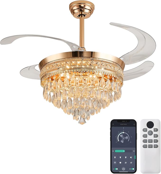 48" Chandelier Ceiling Fan - Crystal Ceiling Fans with Lights, Retractable Fandelier with Remote and App Control, 3 Color